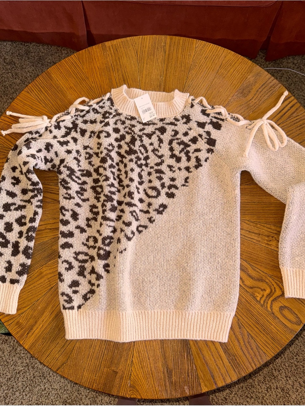 Cato Cream and Dark Brown Leopard Tie-Shoulder Sweater